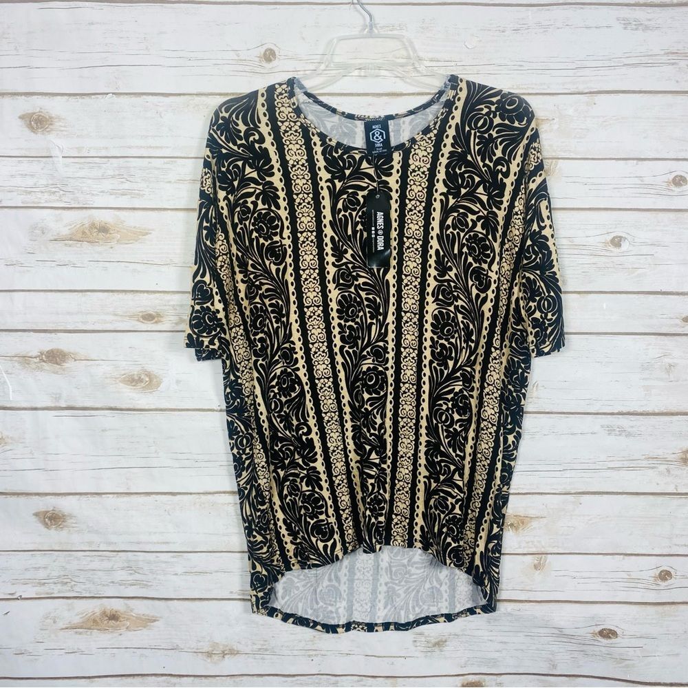 Agnes‎ & Dora Black and Tan High Low Short Sleeve Women’s Top Size S